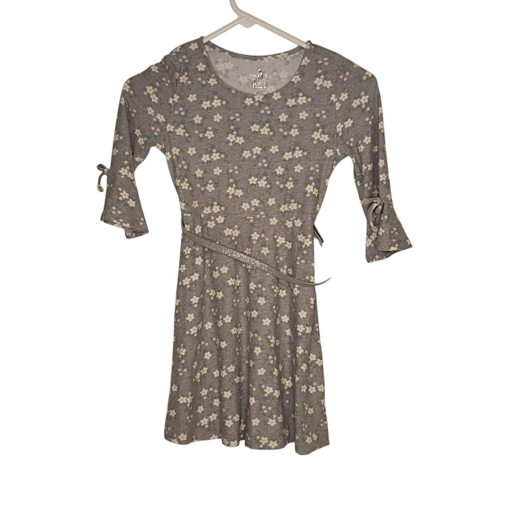 Star Ride Dress Girls Small 7/8 Gray Floral Stretchy Long Sleeve Belt NWT